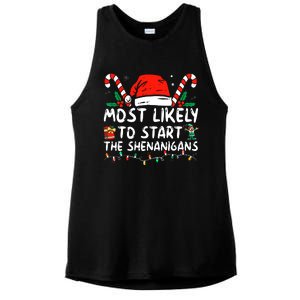 Most Likely To Start The Shenanigans Christmas Family Ladies PosiCharge Tri-Blend Wicking Tank