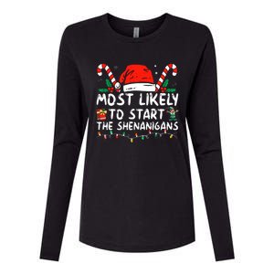 Most Likely To Start The Shenanigans Christmas Family Womens Cotton Relaxed Long Sleeve T-Shirt