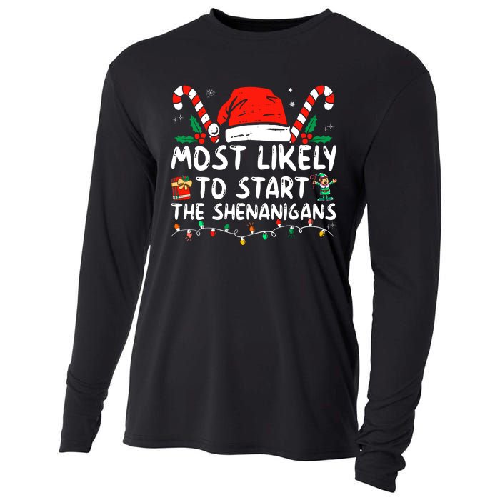 Most Likely To Start The Shenanigans Christmas Family Cooling Performance Long Sleeve Crew