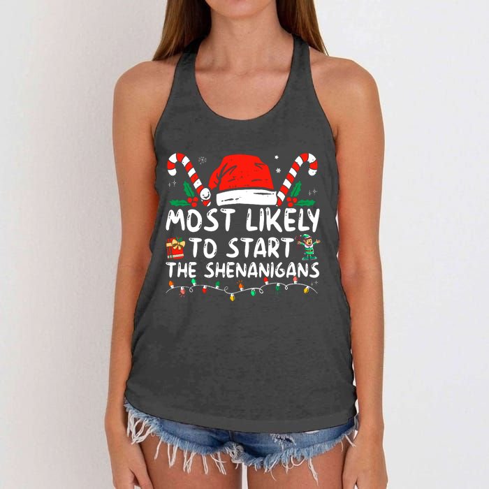 Most Likely To Start The Shenanigans Christmas Family Women's Knotted Racerback Tank