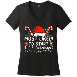 Most Likely To Start The Shenanigans Christmas Family Women's V-Neck T-Shirt