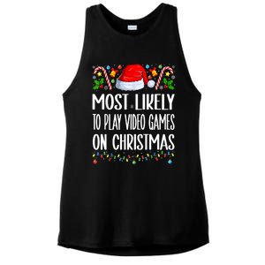 Most Likely To Play Video Games On Christmas Funny Pajamas Ladies PosiCharge Tri-Blend Wicking Tank