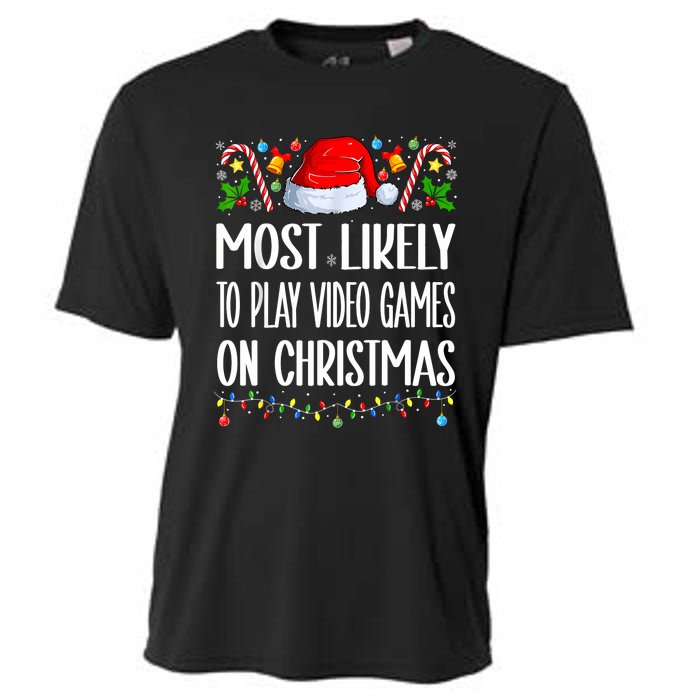 Most Likely To Play Video Games On Christmas Funny Pajamas Cooling Performance Crew T-Shirt