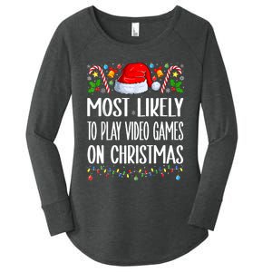 Most Likely To Play Video Games On Christmas Funny Pajamas Women's Perfect Tri Tunic Long Sleeve Shirt