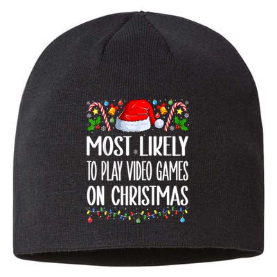 Most Likely To Play Video Games On Christmas Funny Pajamas Sustainable Beanie