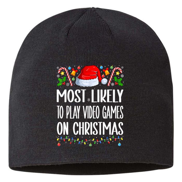 Most Likely To Play Video Games On Christmas Funny Pajamas Sustainable Beanie