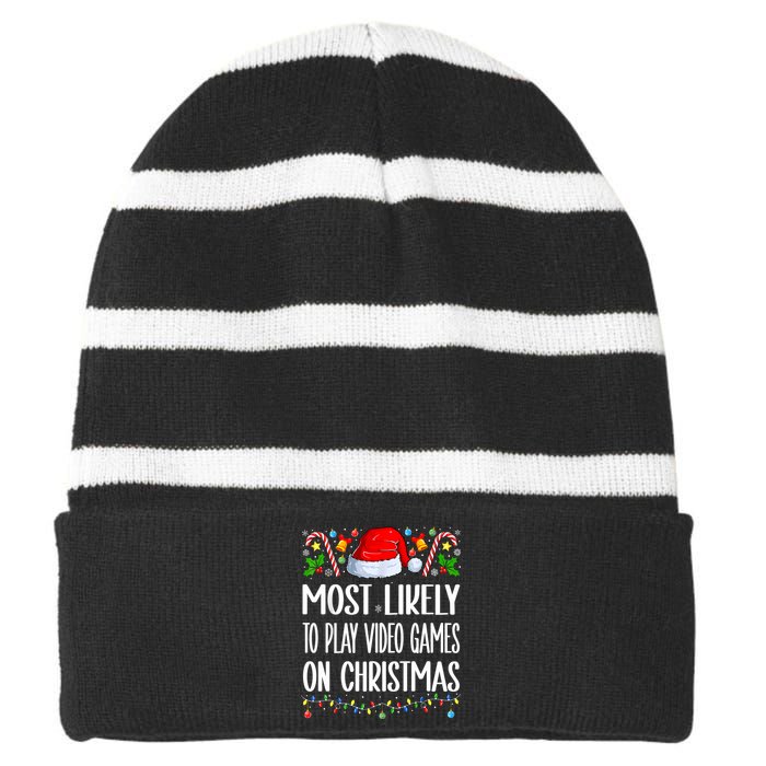 Most Likely To Play Video Games On Christmas Funny Pajamas Striped Beanie with Solid Band