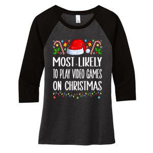 Most Likely To Play Video Games On Christmas Funny Pajamas Women's Tri-Blend 3/4-Sleeve Raglan Shirt