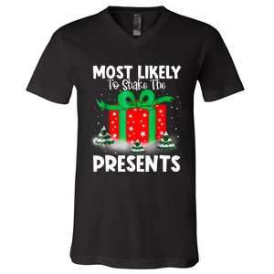 Most Likely To Shake The Presents Christmas Family V-Neck T-Shirt