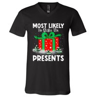 Most Likely To Shake The Presents Christmas Family V-Neck T-Shirt