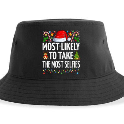 Most Likely To Take The Most Selfies Funny Family Christmas Sustainable Bucket Hat