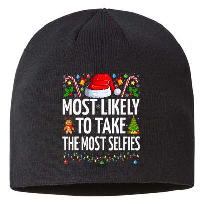 Most Likely To Take The Most Selfies Funny Family Christmas Sustainable Beanie