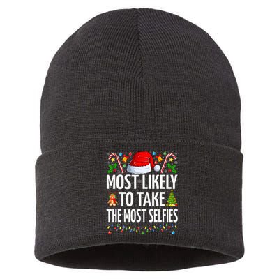 Most Likely To Take The Most Selfies Funny Family Christmas Sustainable Knit Beanie