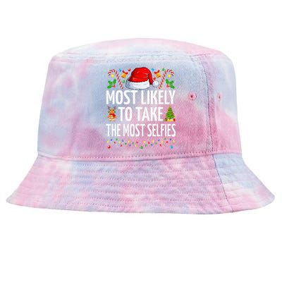 Most Likely To Take The Most Selfies Funny Family Christmas Tie-Dyed Bucket Hat