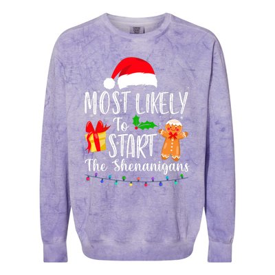 Most Likely To Start The Shenanigans Funny Family Christmas Colorblast Crewneck Sweatshirt