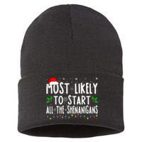 Most Likely To Start The Shenanigans Funny Family Christmas Sustainable Knit Beanie