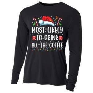 Most Likely To Drink All The Coffee Funny Family Christmas Cooling Performance Long Sleeve Crew