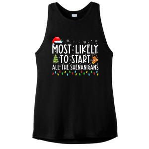 Most Likely To Start All The Shenanigans Family Xmas Holiday Ladies PosiCharge Tri-Blend Wicking Tank