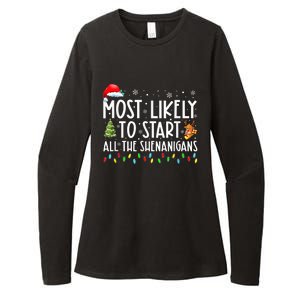 Most Likely To Start All The Shenanigans Family Xmas Holiday Womens CVC Long Sleeve Shirt