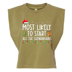 Most Likely To Start All The Shenanigans Family Xmas Holiday Garment-Dyed Women's Muscle Tee