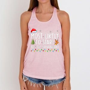 Most Likely To Start All The Shenanigans Family Xmas Holiday Women's Knotted Racerback Tank