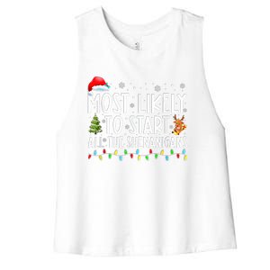 Most Likely To Start All The Shenanigans Family Xmas Holiday Women's Racerback Cropped Tank