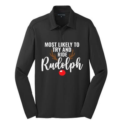 Most Likely To Try Ride Rudolph Funny Couples xmas  Silk Touch Performance Long Sleeve Polo