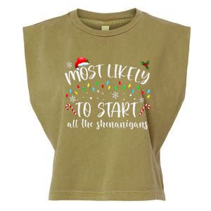 Most Likely To Start All The Shenanigans Family Xmas Holiday Garment-Dyed Women's Muscle Tee