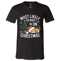 Most Likely To Nap On Christmas Matching Family Christmas V-Neck T-Shirt