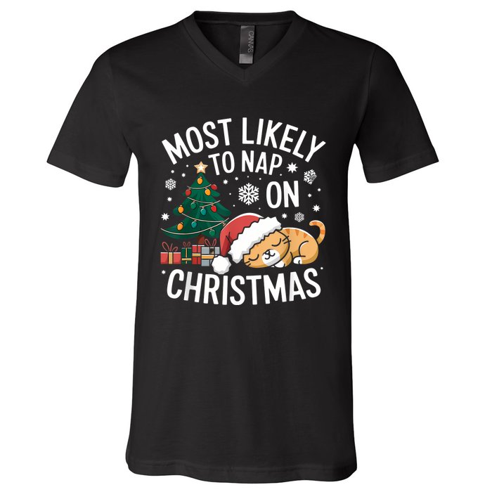 Most Likely To Nap On Christmas Matching Family Christmas V-Neck T-Shirt