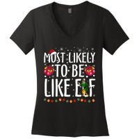 Most Likely To Be Like Elf Christmas Funny Santa Hat Women's V-Neck T-Shirt