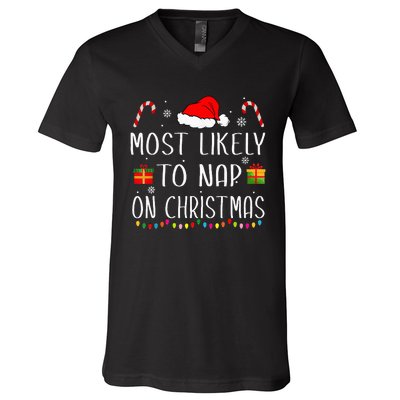 Most Likely To Nap On Christmas Family Funny Matching V-Neck T-Shirt