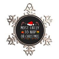 Most Likely To Nap On Christmas Family Funny Matching Metallic Star Ornament