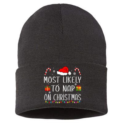 Most Likely To Nap On Christmas Family Funny Matching Sustainable Knit Beanie