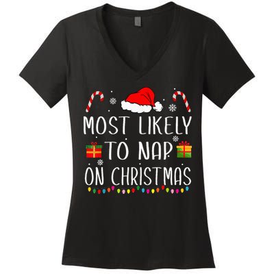 Most Likely To Nap On Christmas Family Funny Matching Women's V-Neck T-Shirt