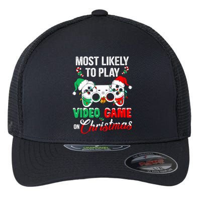 Most Likely To Play Video Game On Christmas Santa Gaming Flexfit Unipanel Trucker Cap