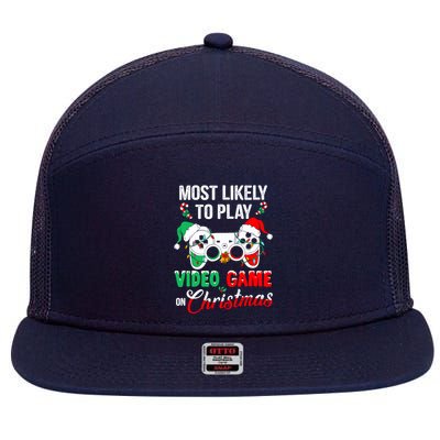 Most Likely To Play Video Game On Christmas Santa Gaming 7 Panel Mesh Trucker Snapback Hat