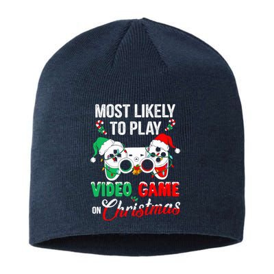 Most Likely To Play Video Game On Christmas Santa Gaming Sustainable Beanie