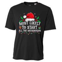 Most Likely To Start All The Shenanigans Family Xmas Holiday Cooling Performance Crew T-Shirt