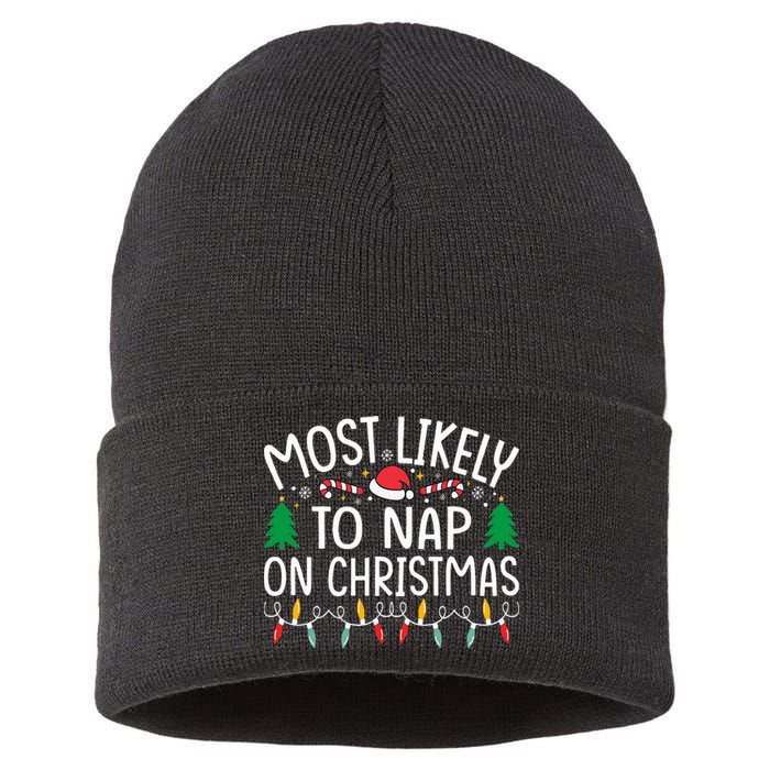 Most Likely To Nap On Christmas Family xmas Pajamas  Sustainable Knit Beanie