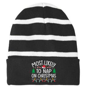 Most Likely To Nap On Christmas Family xmas Pajamas  Striped Beanie with Solid Band