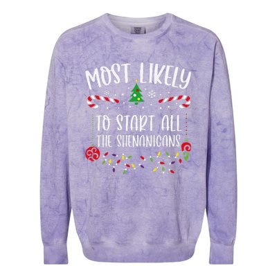 Most Likely To Start All The Shenanigans Funny Christmas Family Matching Cute Colorblast Crewneck Sweatshirt