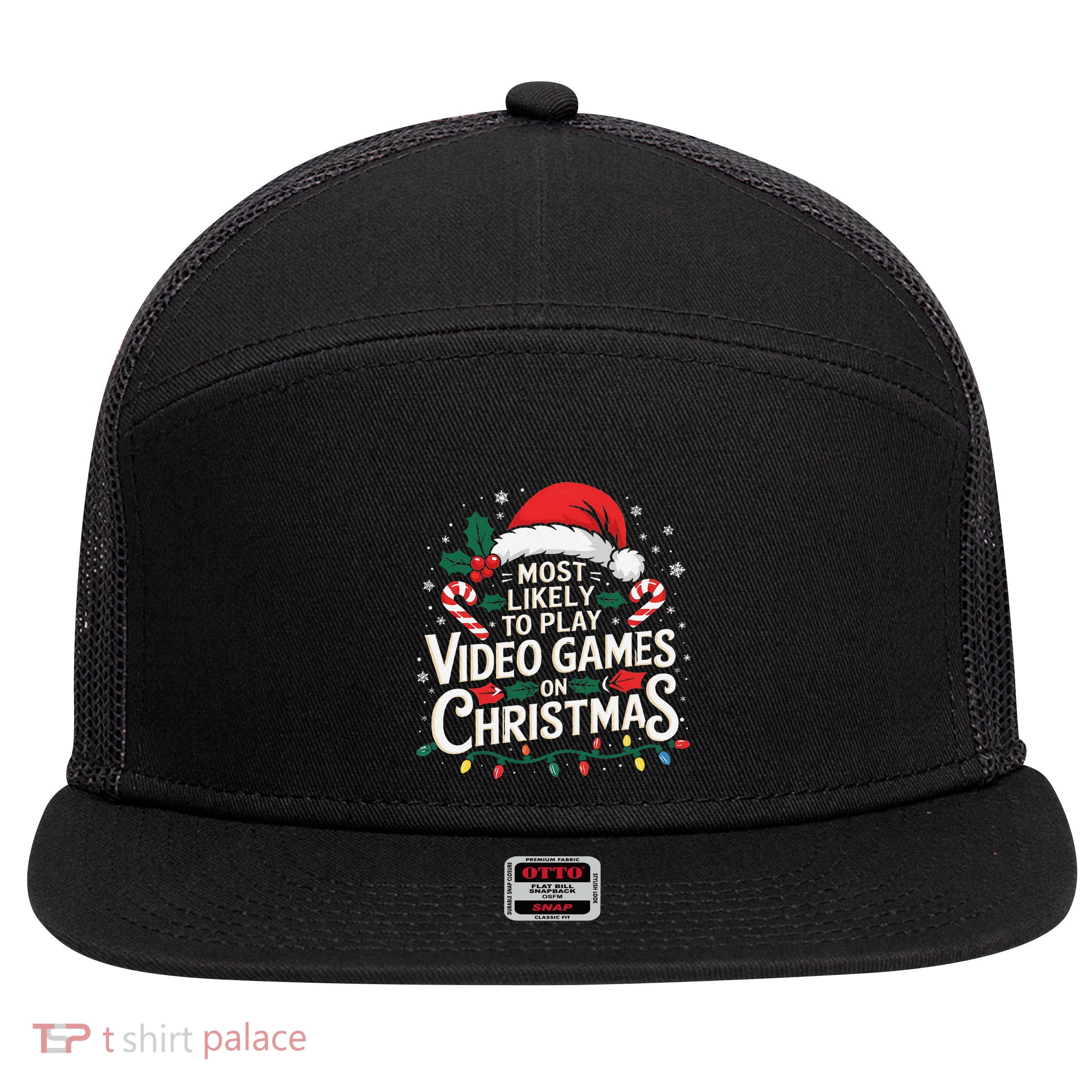Most Likely To Play Video Games On Christmas Fun Gamer Xmas 7 Panel Mesh Trucker Snapback Hat