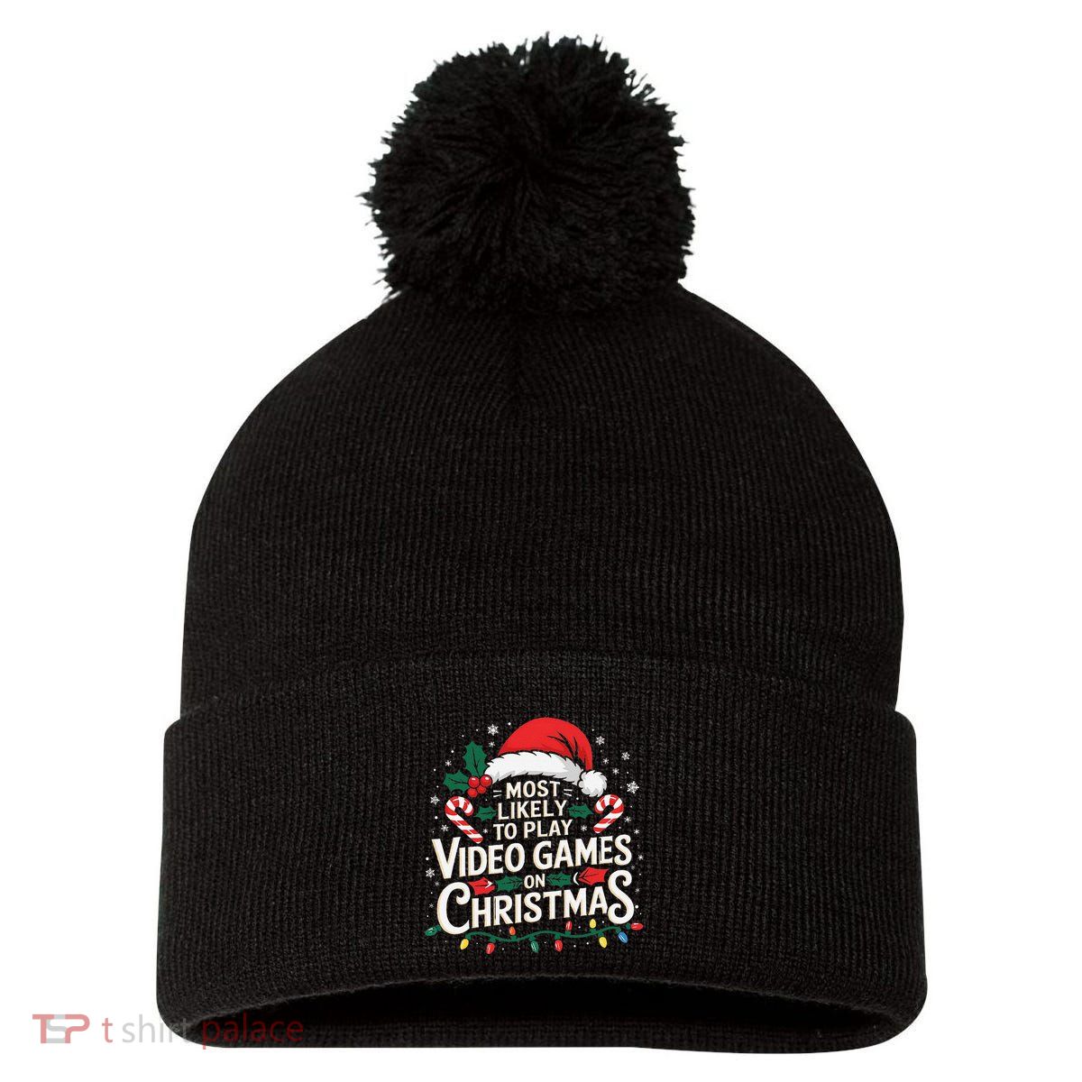 Most Likely To Play Video Games On Christmas Fun Gamer Xmas Pom Pom 12in Knit Beanie