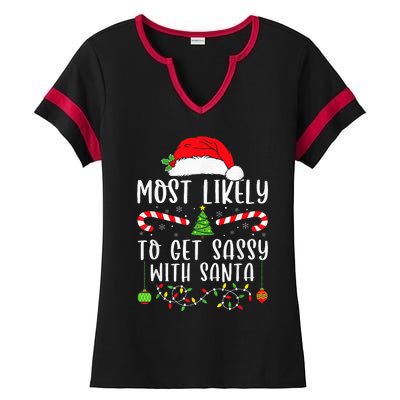 Most Likely To Get Sassy With Santa Christmas Matching Ladies Halftime Notch Neck Tee