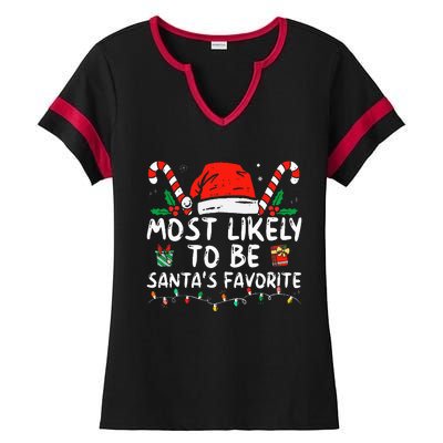 Most Likely To Christmas Be SantaS Favorite Matching Family Ladies Halftime Notch Neck Tee