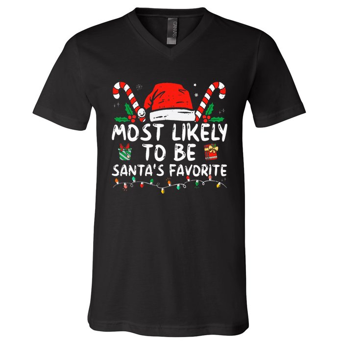 Most Likely To Christmas Be SantaS Favorite Matching Family V-Neck T-Shirt