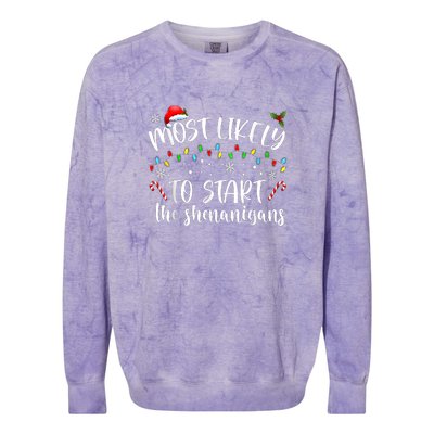 Most Likely To Start The Shenanigans Christmas Family Colorblast Crewneck Sweatshirt