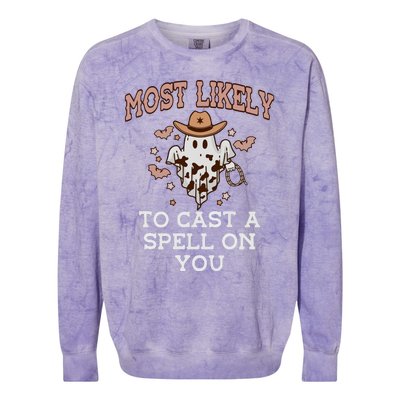 Most Likely To To Cast A Spell On You Ghoul Cowboy Western Colorblast Crewneck Sweatshirt