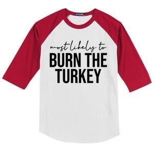 Most Likely To Burn The Turkey Funny Thanksgiving Kids Colorblock Raglan Jersey